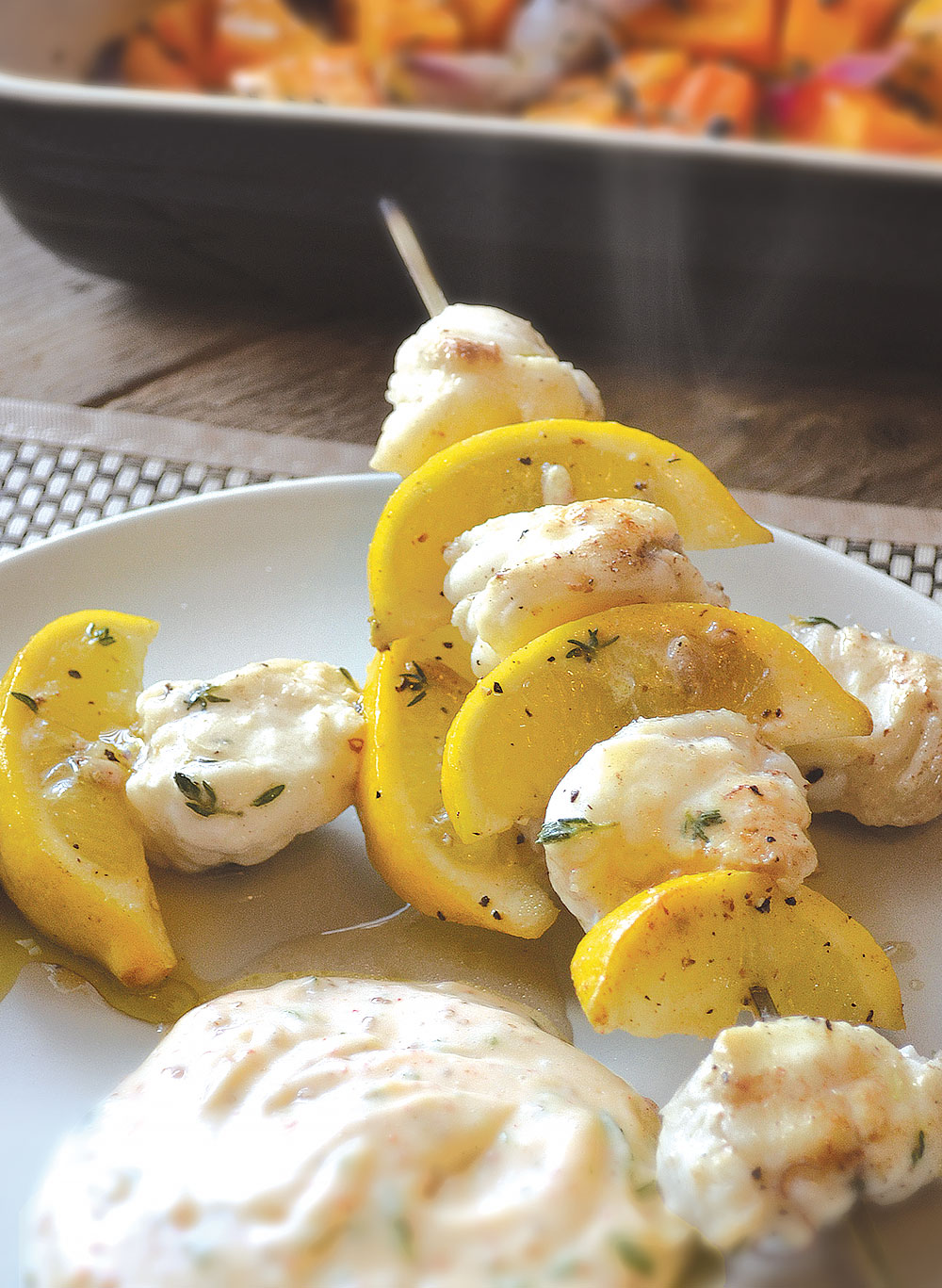 Monkfish & lemon skewers with a mint & garlic dip - The En-Two